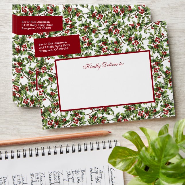 Antique Holly Patterned Christmas Holiday Envelope (Stacked)