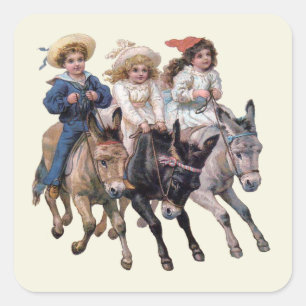 Antique horse pony children art square sticker