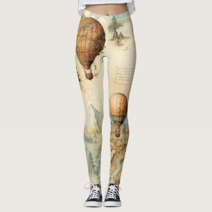 Antique Hot Air Balloon Sepia Map Landscape Leggings
