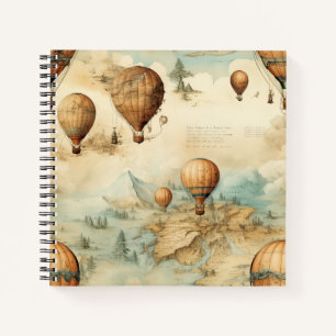 Antique Hot Air Balloon Sepia Map Landscape Notebook