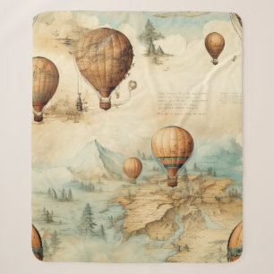 Antique Hot Air Balloon Sepia Map Landscape Sherpa Blanket