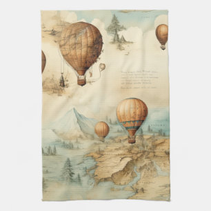Antique Hot Air Balloon Sepia Map Landscape Tea Towel