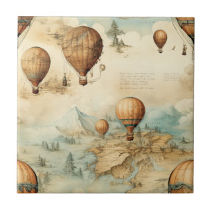 Antique Hot Air Balloon Sepia Map Landscape Tile