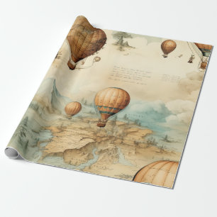 Antique Hot Air Balloon Sepia Map Landscape Wrapping Paper