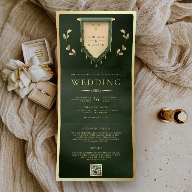 Antique Hunter Green Gold Scroll Mediaeval Wedding Tri-Fold Invitation (Creator Uploaded)