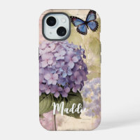 Antique Hydrangea & Butterfly Blue Custom Name