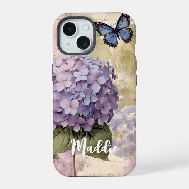 Antique Hydrangea & Butterfly Blue Custom Name iPhone 15 Case (Back)