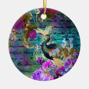 Antique Illustrated Peacock & Flowers Grunge Ceramic Tree Decoration