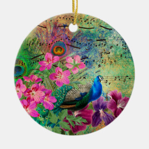 Antique Illustrated Peacock & Flowers Grunge Ceramic Tree Decoration