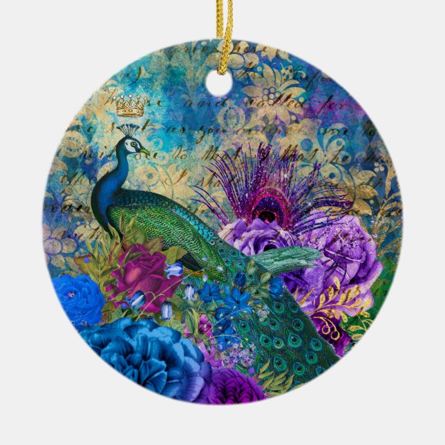 Antique Illustrated Peacock & Flowers Grunge Ceramic Tree Decoration (Front)