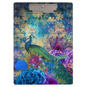 Antique Illustrated Peacock & Flowers Grunge Clipboard