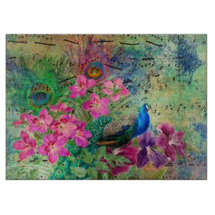 Antique Illustrated Peacock & Flowers Grunge Cutting Board
