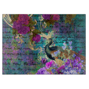 Antique Illustrated Peacock & Flowers Grunge Cutting Board