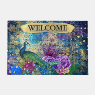 Antique Illustrated Peacock & Flowers Grunge Doormat