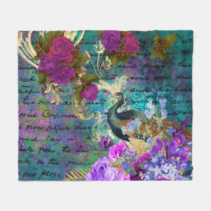 Antique Illustrated Peacock & Flowers Grunge Fleece Blanket