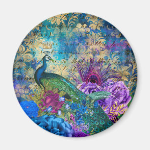 Antique Illustrated Peacock & Flowers Grunge Magnet