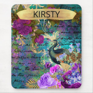 Antique Illustrated Peacock & Flowers Grunge Mouse Pad