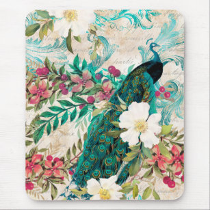 Antique Illustrated Peacock & Flowers Grunge Mouse Pad