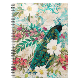 Antique Illustrated Peacock & Flowers Grunge Notebook