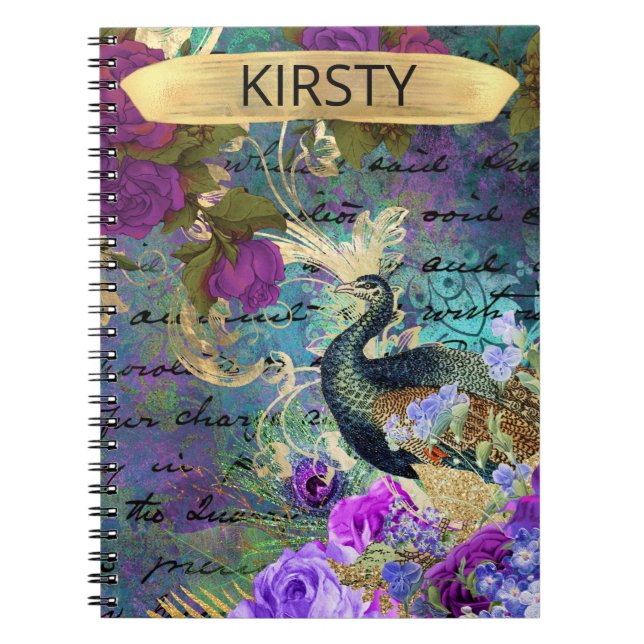 Antique Illustrated Peacock & Flowers Grunge Notebook (Front)
