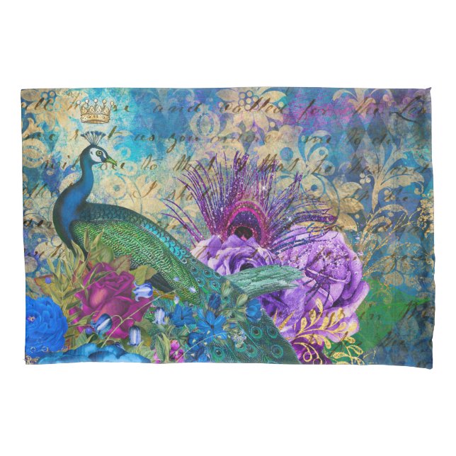 Antique Illustrated Peacock & Flowers Grunge Pillowcase (Front)