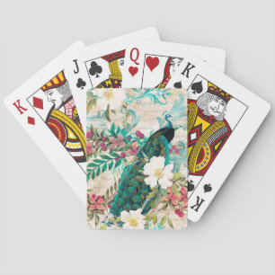 Antique Illustrated Peacock & Flowers Grunge Playing Cards
