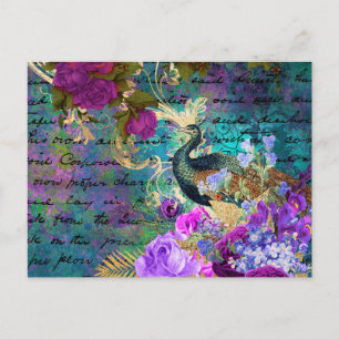 Antique Illustrated Peacock & Flowers Grunge Postcard