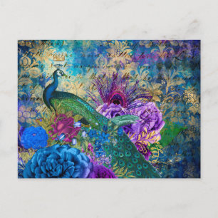 Antique Illustrated Peacock & Flowers Grunge Postcard