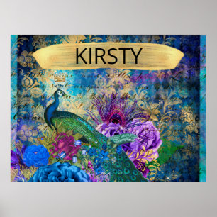 Antique Illustrated Peacock & Flowers Grunge Poster