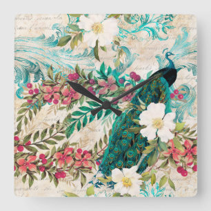 Antique Illustrated Peacock & Flowers Grunge Square Wall Clock