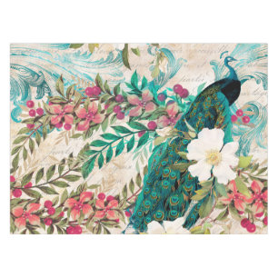 Antique Illustrated Peacock & Flowers Grunge Tablecloth
