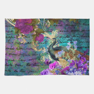 Antique Illustrated Peacock & Flowers Grunge Tea Towel