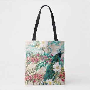 Antique Illustrated Peacock & Flowers Grunge Tote Bag
