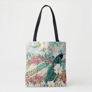Antique Illustrated Peacock & Flowers Grunge Tote Bag