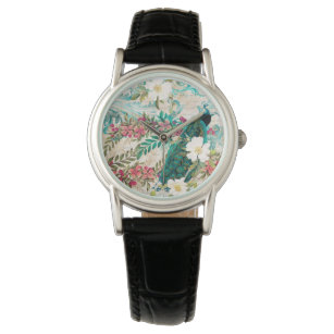 Antique Illustrated Peacock & Flowers Watch