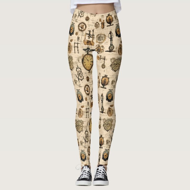 Antique Industrial Clockwork Sepia Brass Leggings (Front)