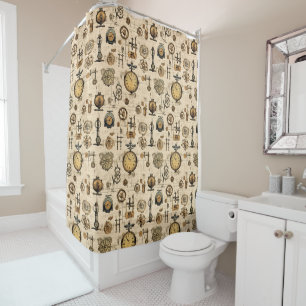 Antique Industrial Clockwork Sepia Brass Shower Curtain