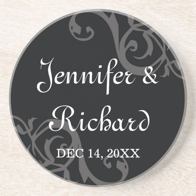 Antique iron scroll black custom name wedding date coaster (Front)