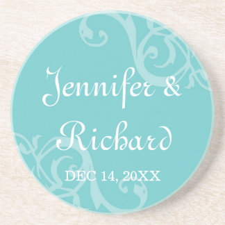 Antique iron scroll blue custom name wedding date coaster