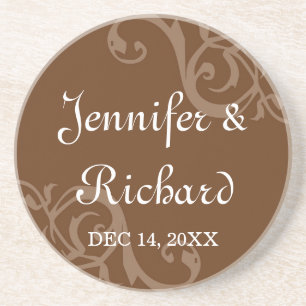 Antique iron scroll brown custom name wedding date coaster