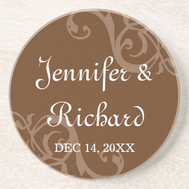 Antique iron scroll brown custom name wedding date coaster (Front)