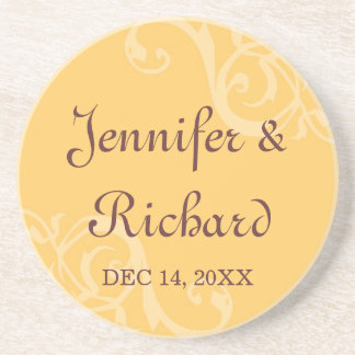 Antique iron scroll tan custom name wedding date coaster