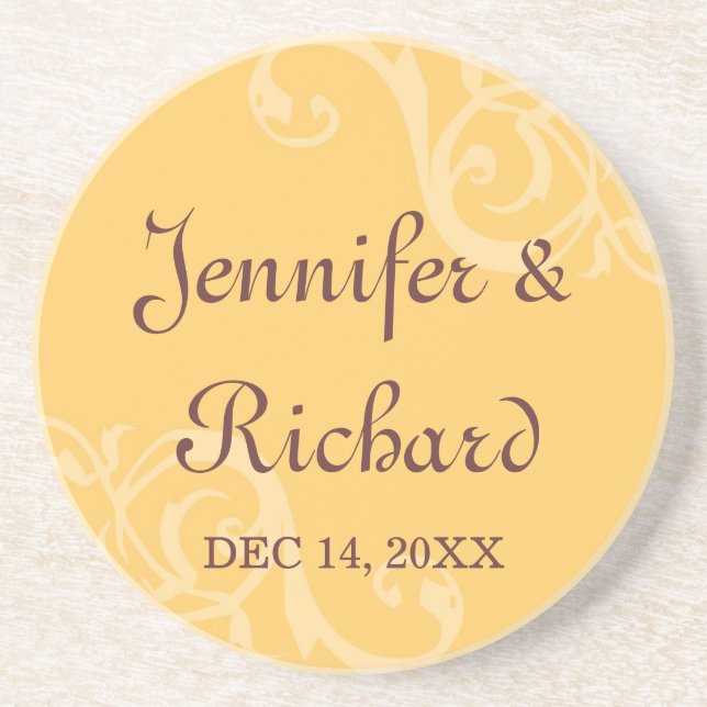Antique iron scroll tan custom name wedding date coaster (Front)