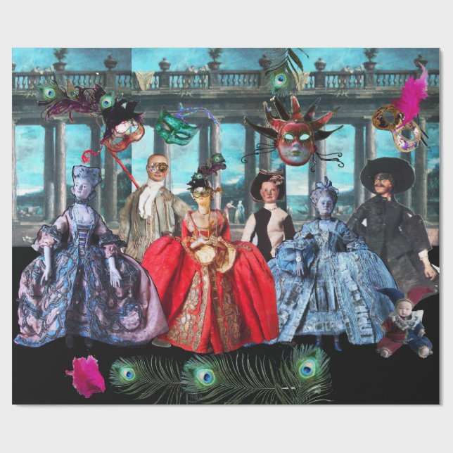 ANTIQUE ITALIAN PUPPETS AND MASKS MASQUERADE PARTY WRAPPING PAPER (Flat)
