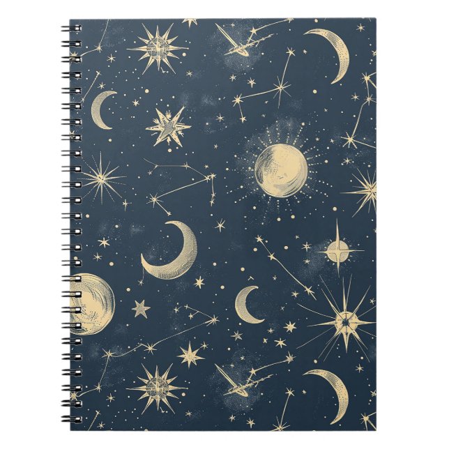 Antique Ivory Celestial Moon Star Map Navy Notebook (Front)