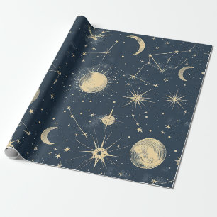 Antique Ivory Celestial Moon Star Map Navy Wrapping Paper