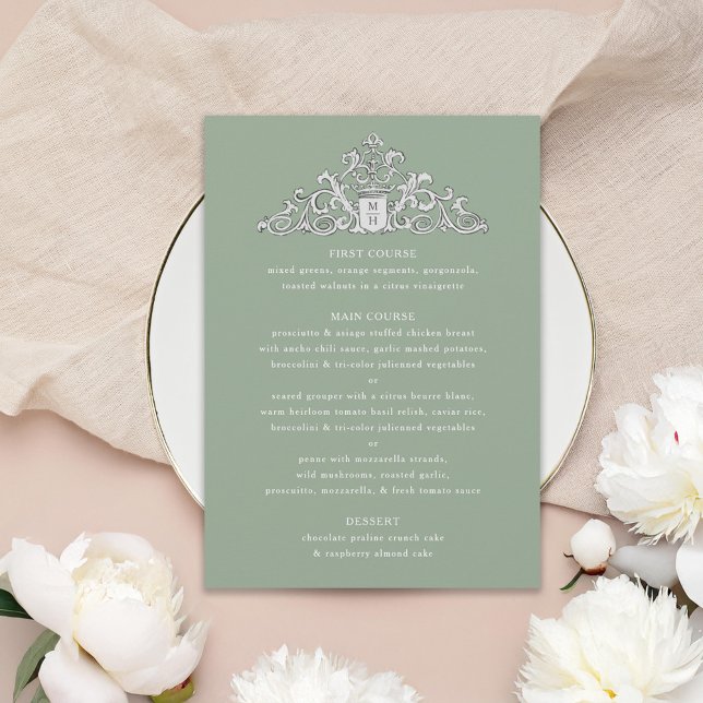Antique Ivory Crest Sage Wedding Dinner Menu Invitation (Creator Uploaded)