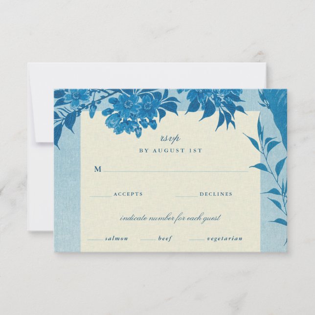 Antique Japanese Blue Cherry Blossom RSVP Card (Front)