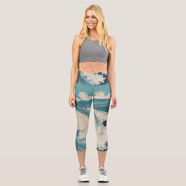 Antique Japanese Blue Waves Ocean Print Capri Leggings (Front)