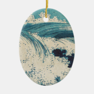 Antique Japanese Blue Waves Ocean Print Ceramic Tree Decoration